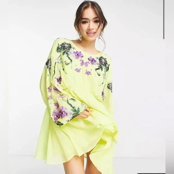 ASOS EDITION blouson sleeve mini dress with embroidered bodice in yellow